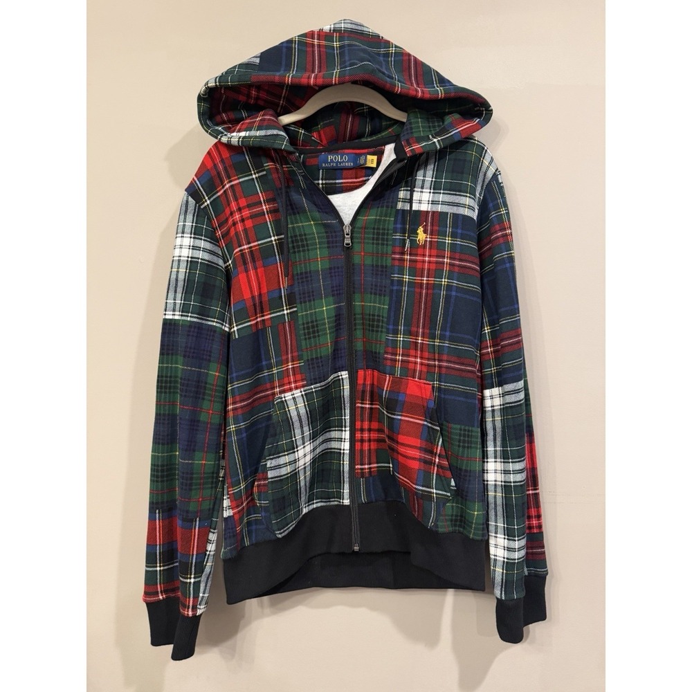 Polo Ralph Lauren Tartan Patchwork Plaid Fleece Full Zip Hoodie Men's Small